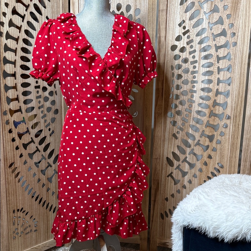SHEIN Red Polka Dot Ruffle Mini Wrap Dress